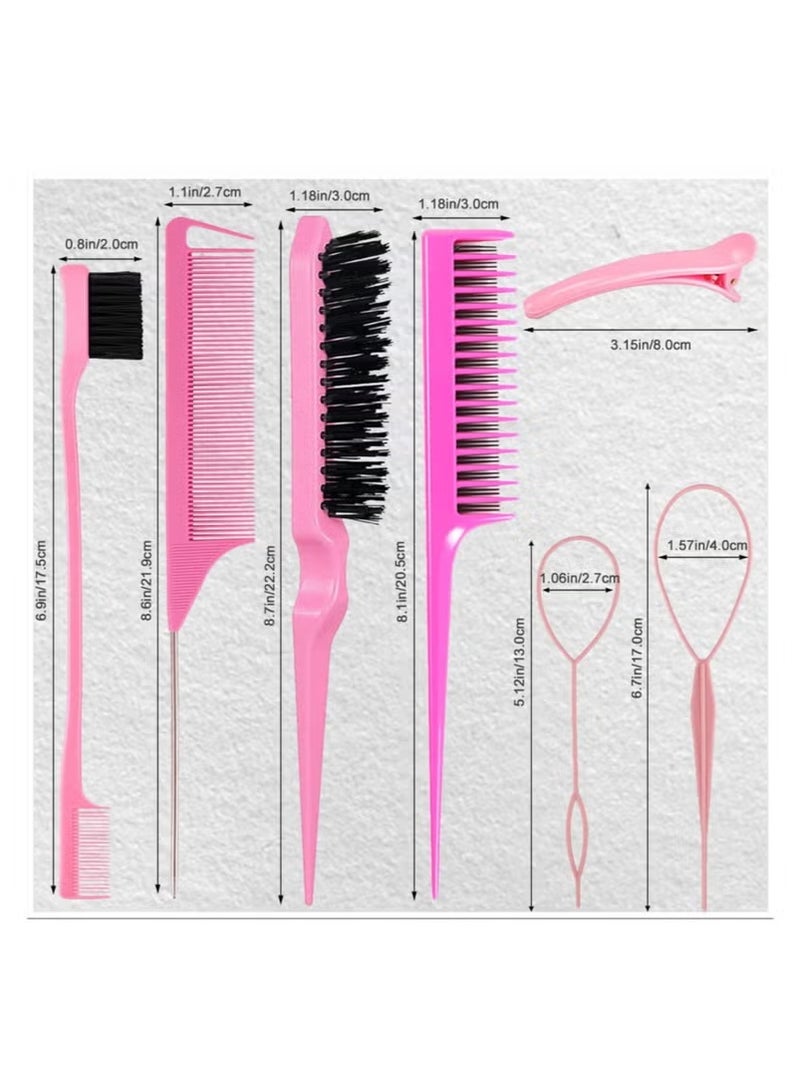 Hikma Beauty 10 Pieces Hair Styling Comb Set, Teasing Hair Brush, Edge Brush Hair Tail Tools, Braid Tool Loop with Hair Clips, For Women Girls Kids Hair Stylists Braiding Backcombing (Pink) - Image 2