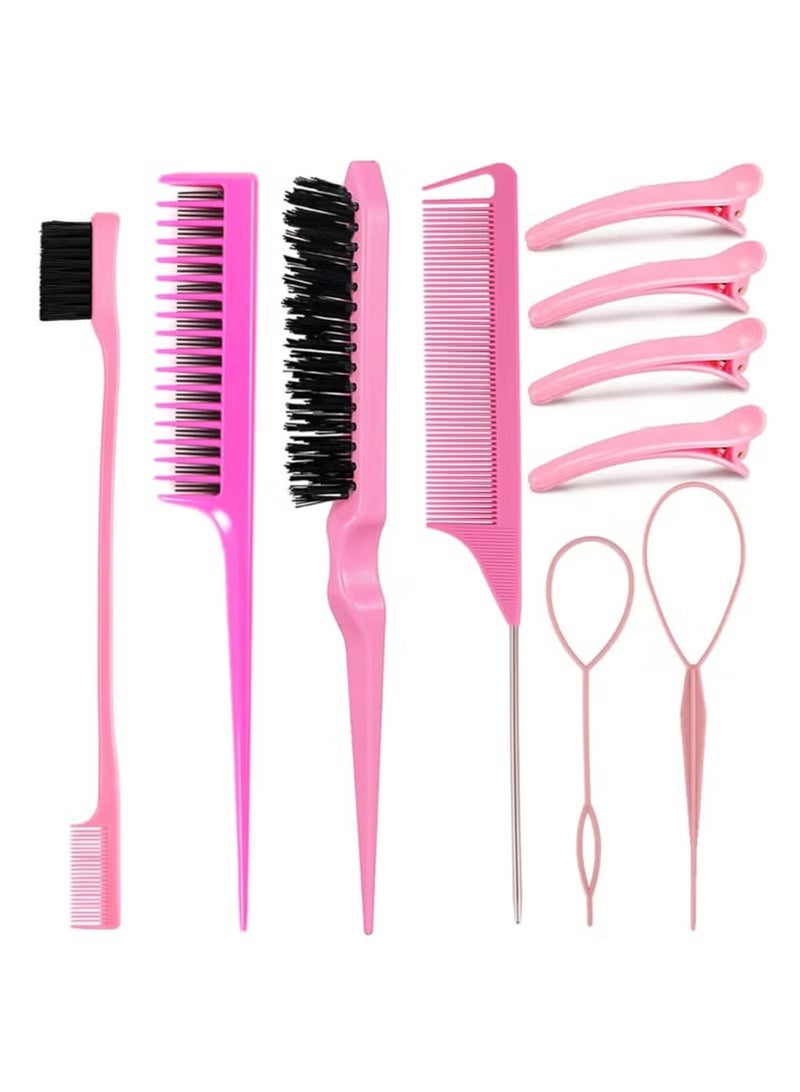 Hikma Beauty 10 Pieces Hair Styling Comb Set, Teasing Hair Brush, Edge Brush Hair Tail Tools, Braid Tool Loop with Hair Clips, For Women Girls Kids Hair Stylists Braiding Backcombing (Pink) - Image 1