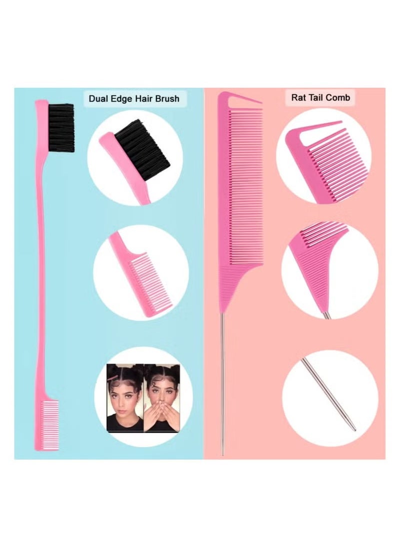 Hikma Beauty 10 Pieces Hair Styling Comb Set, Teasing Hair Brush, Edge Brush Hair Tail Tools, Braid Tool Loop with Hair Clips, For Women Girls Kids Hair Stylists Braiding Backcombing (Pink) - Image 3