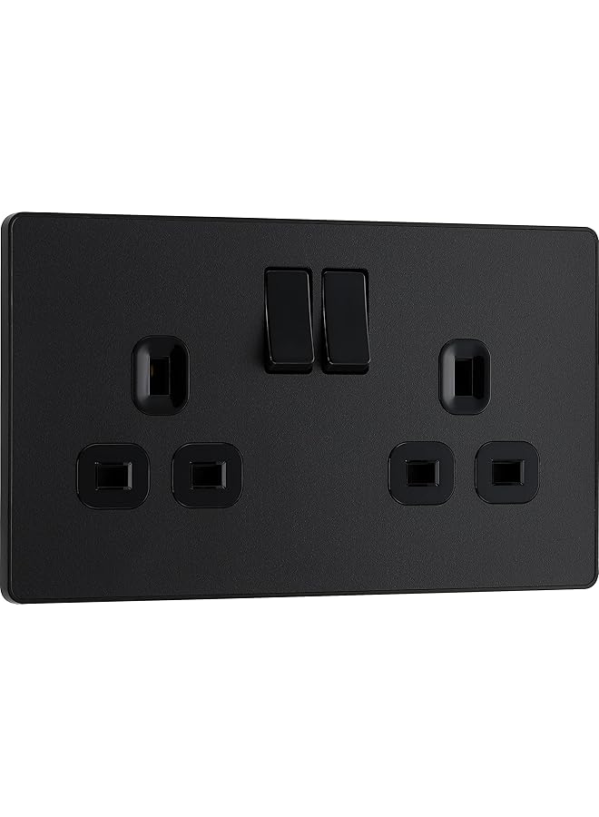 promass Electrical Double Switched Power Plug Wall Socket, Screwless, Evolve, Matt Black, 13A, PCDMB22B - Image 1