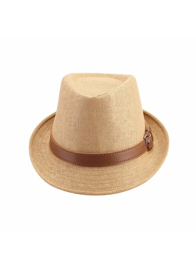 FALETO Straw Fedora Hat Classic Panama Trilby Hats Short Brim Sun Hat for Men Women, #01 Khaki, One size - Image 3