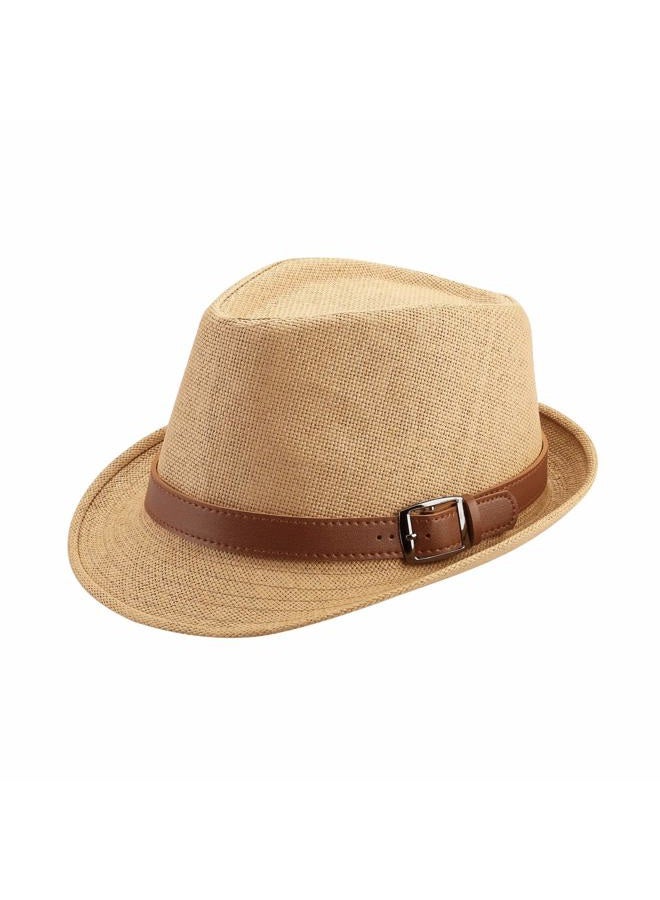 FALETO Straw Fedora Hat Classic Panama Trilby Hats Short Brim Sun Hat for Men Women, #01 Khaki, One size - Image 1