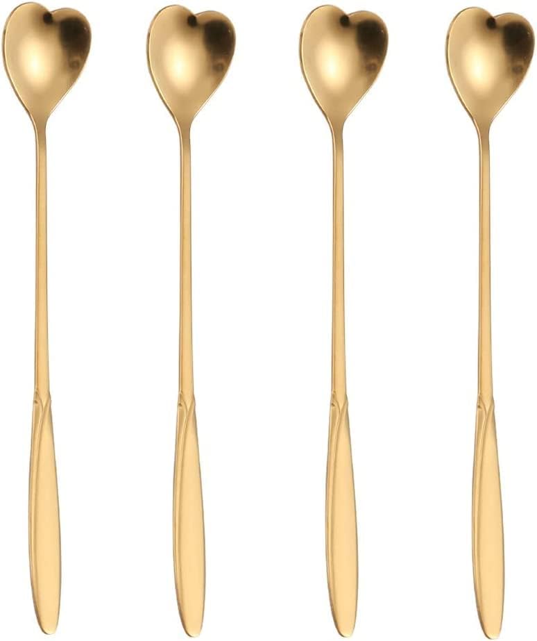 SZLFSX 4-Piece Heart-Shaped Stainless Steel Coffee & Tea Spoon Set - 7 Inch Long Handle, Gold - Image 1