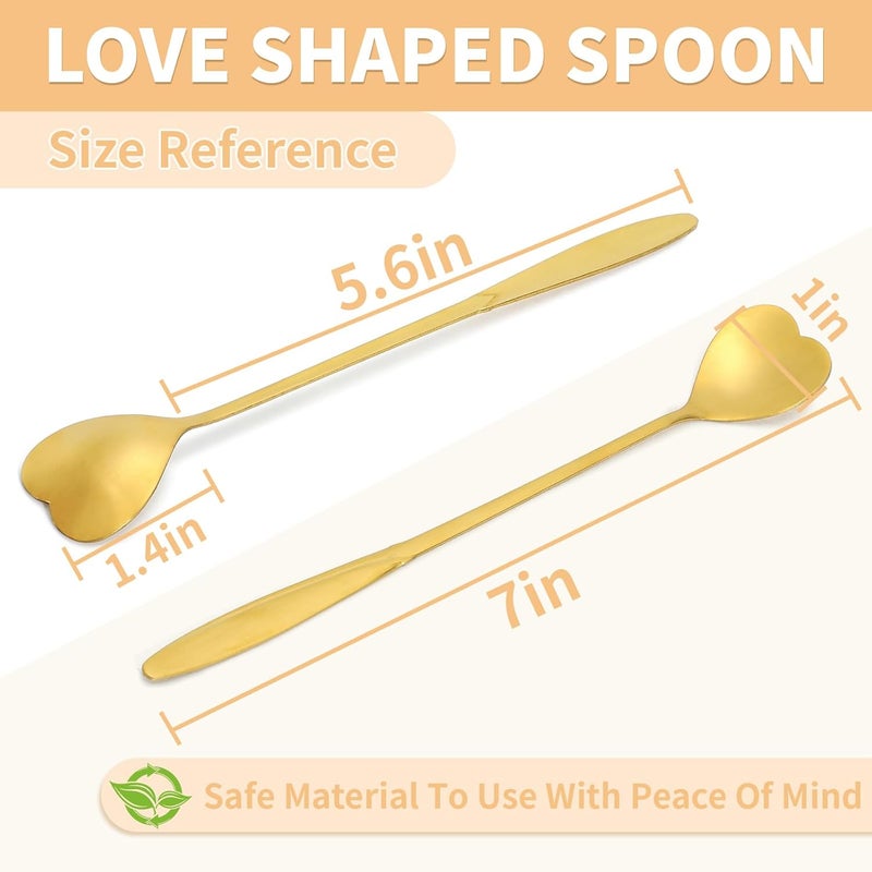 SZLFSX 4-Piece Heart-Shaped Stainless Steel Coffee & Tea Spoon Set - 7 Inch Long Handle, Gold - Image 2