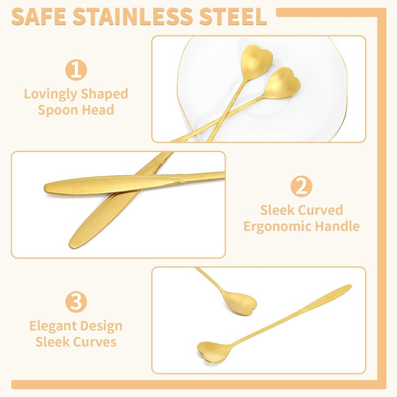 SZLFSX 4-Piece Heart-Shaped Stainless Steel Coffee & Tea Spoon Set - 7 Inch Long Handle, Gold - Image 3