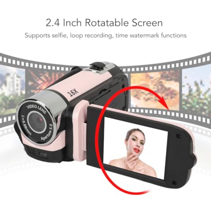 D90 1080P 16X Digital Zoom Video Camera Camcorder, 2.4in LCD Screen 16MP Digital Camera Recorder 128gbVlogging Camera with Fill Light, HD Video Recording Camcorder Pink - Image 4