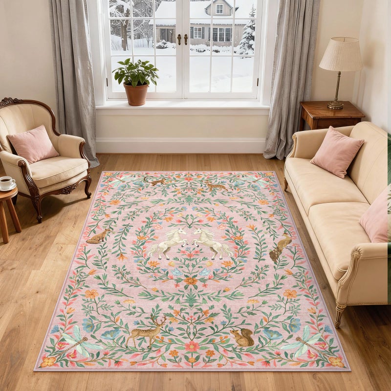 STARUIA Machine Washable 5x7 Area Rugs for Living Room, Non Slip Soft Low Pile Unicorn Floral Farmhouse Moroccan Vintage Animal Playroom Girls Rugs for Bedroom, Large Carpet Rugs for Nurseries(Pink,5'x7') - Image 1
