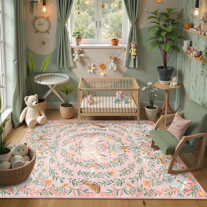 STARUIA Machine Washable 5x7 Area Rugs for Living Room, Non Slip Soft Low Pile Unicorn Floral Farmhouse Moroccan Vintage Animal Playroom Girls Rugs for Bedroom, Large Carpet Rugs for Nurseries(Pink,5'x7') - Image 2