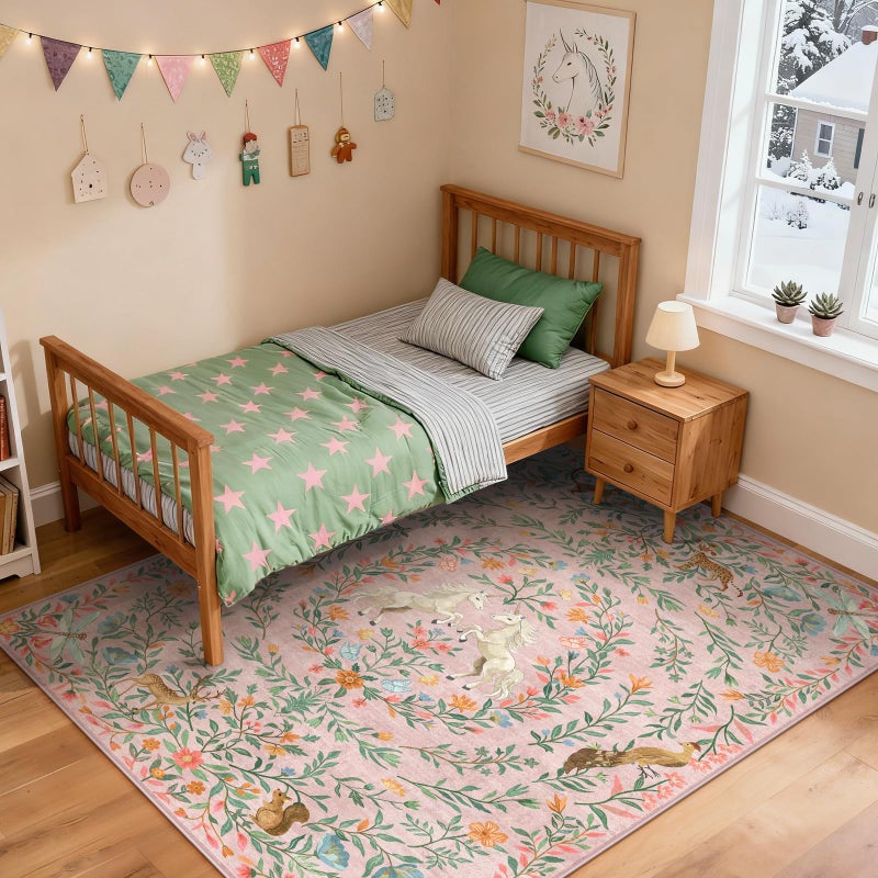 STARUIA Machine Washable 5x7 Area Rugs for Living Room, Non Slip Soft Low Pile Unicorn Floral Farmhouse Moroccan Vintage Animal Playroom Girls Rugs for Bedroom, Large Carpet Rugs for Nurseries(Pink,5'x7') - Image 5