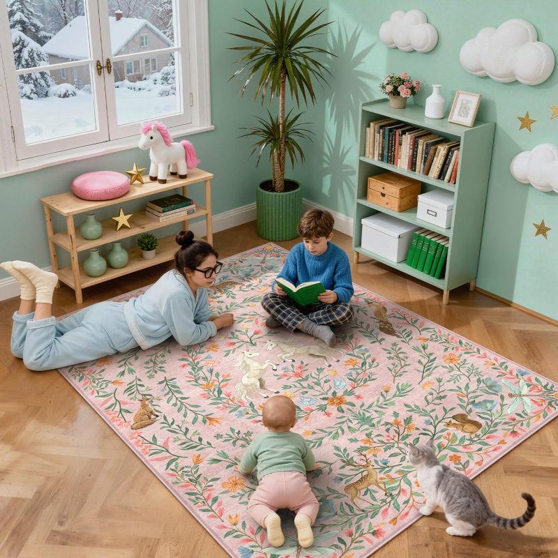 STARUIA Machine Washable 5x7 Area Rugs for Living Room, Non Slip Soft Low Pile Unicorn Floral Farmhouse Moroccan Vintage Animal Playroom Girls Rugs for Bedroom, Large Carpet Rugs for Nurseries(Pink,5'x7') - Image 4