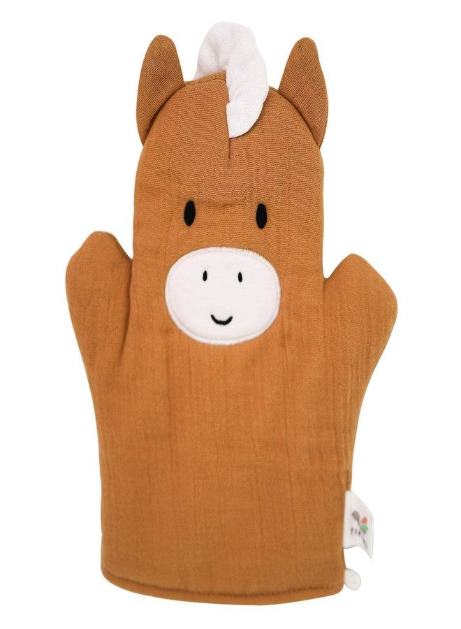 Farm Bath Mitt - Horse | Soft Cotton Muslin Baby Bath Mitt & Washcloth | Gentle Newborn Bath Accessory & Hand Puppet | Fun Farm Animal Bath Toy, 9.5 inch (0+ Months)