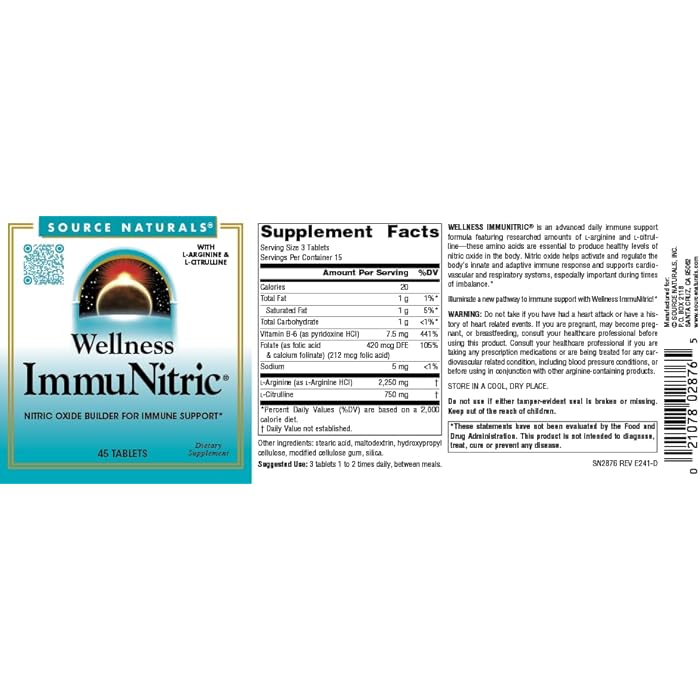 Source Naturals Wellness Immunitric, Nitric Oxide Builder for Immune System Support*, with L-Arginine & L-Citrulline - 45 Tablets - Image 4