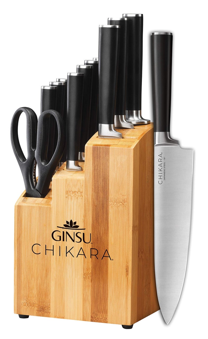 Ginsu مجموعة سكاكين المطبخ اليابانية GINSU Chikara Series المكونة من 12 قطعة - مجموعة أدوات المائدة المصنوعة من الفولاذ المقاوم للصدأ 420J مع كتلة من الخيزران، مثالية لأي طاولة أو غرفة طعام، تشمل سكاكين الستيك - سوداء - Image 1