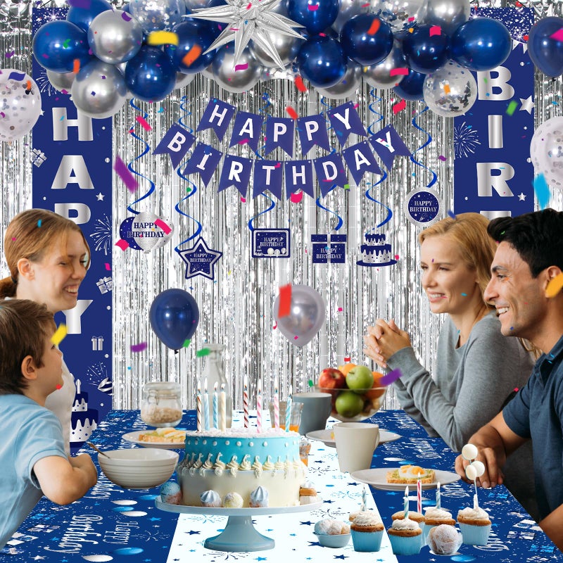 Distasio Blue Birthday Decorations for Men Women Boys, Happy Birthday Decorations Navy Blue and Silver, Happy Birthday Banner Balloons Tablecover Fringe Curtain Door Banner, Mens Boy Bday Party Supplies Decor - Image 3