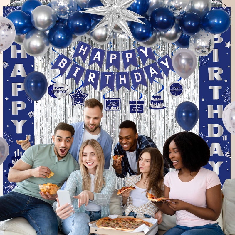 Distasio Blue Birthday Decorations for Men Women Boys, Happy Birthday Decorations Navy Blue and Silver, Happy Birthday Banner Balloons Tablecover Fringe Curtain Door Banner, Mens Boy Bday Party Supplies Decor - Image 4