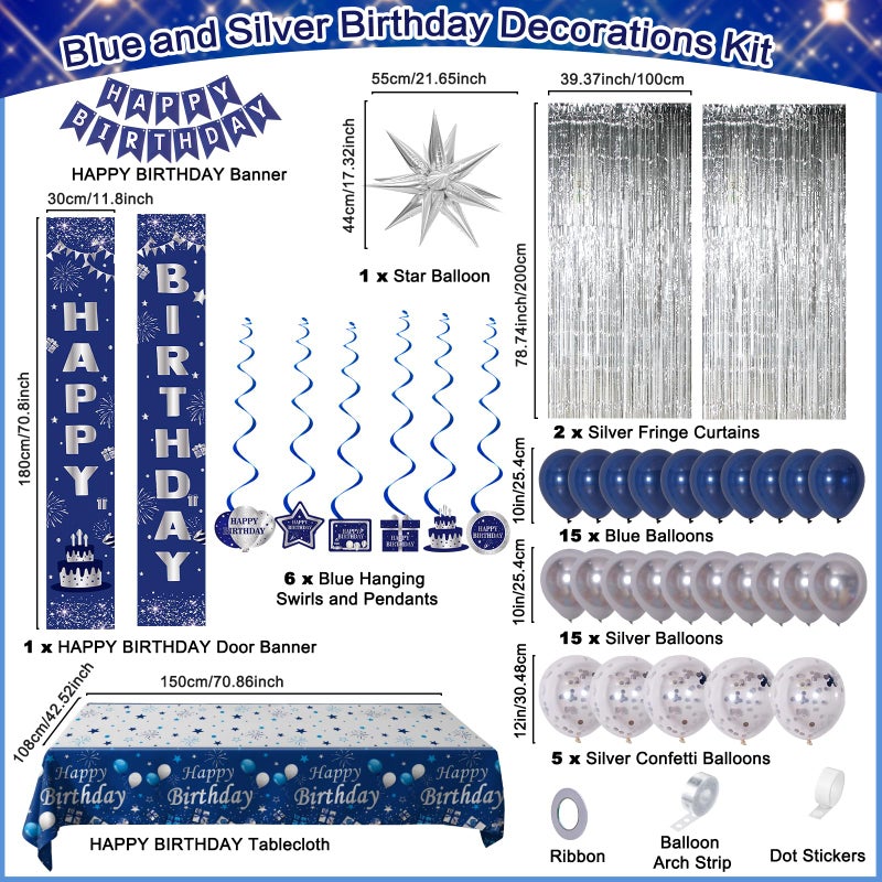 Distasio Blue Birthday Decorations for Men Women Boys, Happy Birthday Decorations Navy Blue and Silver, Happy Birthday Banner Balloons Tablecover Fringe Curtain Door Banner, Mens Boy Bday Party Supplies Decor - Image 2