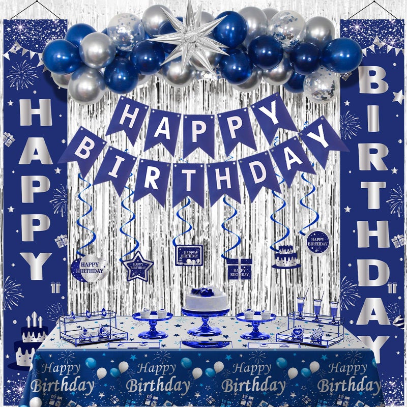 Distasio Blue Birthday Decorations for Men Women Boys, Happy Birthday Decorations Navy Blue and Silver, Happy Birthday Banner Balloons Tablecover Fringe Curtain Door Banner, Mens Boy Bday Party Supplies Decor - Image 1