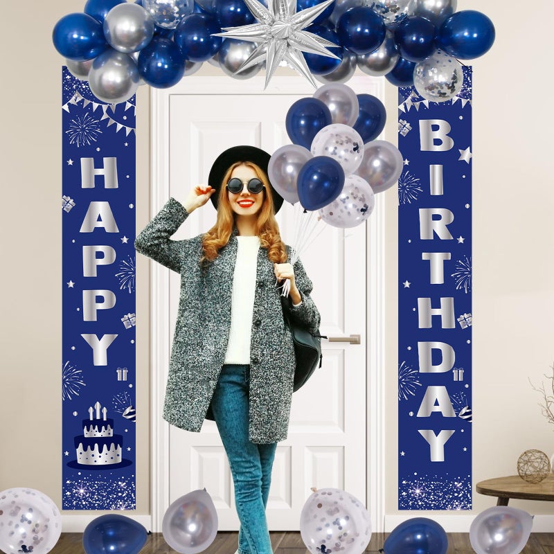 Distasio Blue Birthday Decorations for Men Women Boys, Happy Birthday Decorations Navy Blue and Silver, Happy Birthday Banner Balloons Tablecover Fringe Curtain Door Banner, Mens Boy Bday Party Supplies Decor - Image 5