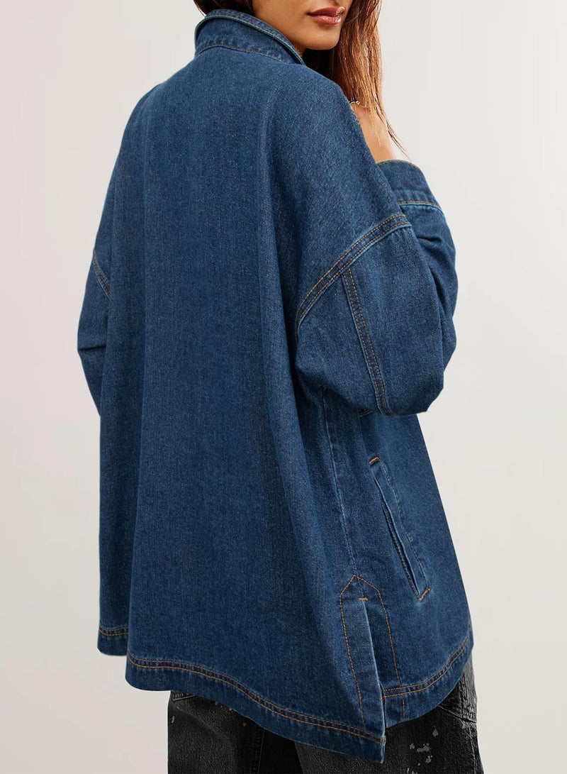 Sidefeel Women's Jean Jacket Oversized Boyfriend Button Up Long Sleeve Denim Jackets Deep Blue Large - Image 2