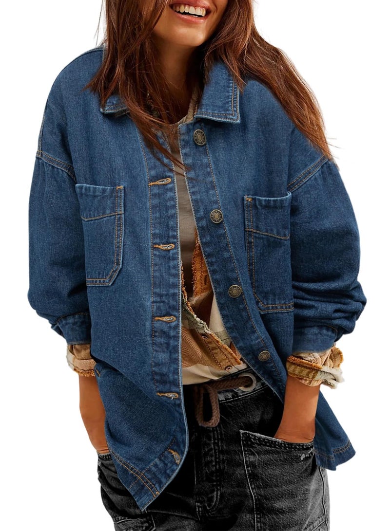 Sidefeel Women's Jean Jacket Oversized Boyfriend Button Up Long Sleeve Denim Jackets Deep Blue Large - Image 1