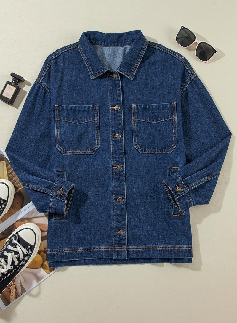 Sidefeel Women's Jean Jacket Oversized Boyfriend Button Up Long Sleeve Denim Jackets Deep Blue Large - Image 4