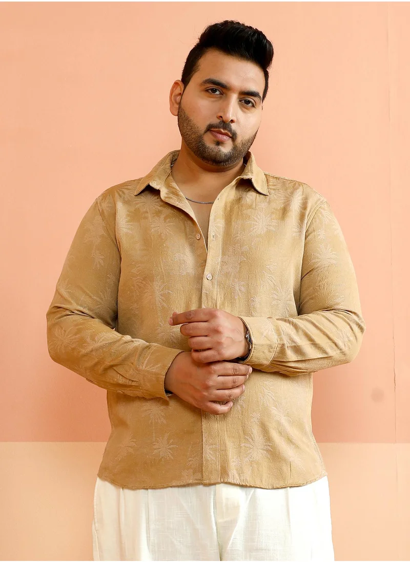 انستافاب بلس Instafab Plus Men's Camel Brown Palm-Jacquard Shirt For Casual Wear | Spread Collar | Long Cuffed Sleeves | Button Closure | Plus Size Shirt Crafted With Comfort Fit For Everyday Wear