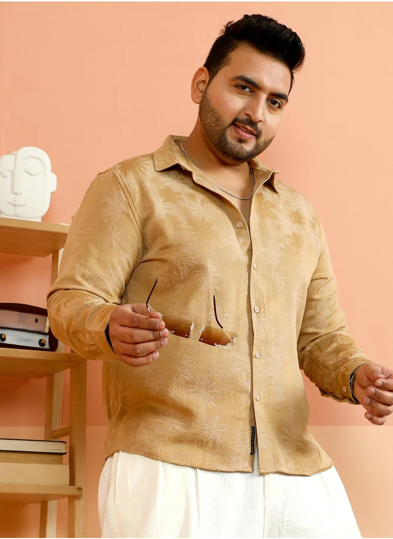 انستافاب بلس Instafab Plus Men's Camel Brown Palm-Jacquard Shirt For Casual Wear | Spread Collar | Long Cuffed Sleeves | Button Closure | Plus Size Shirt Crafted With Comfort Fit For Everyday Wear