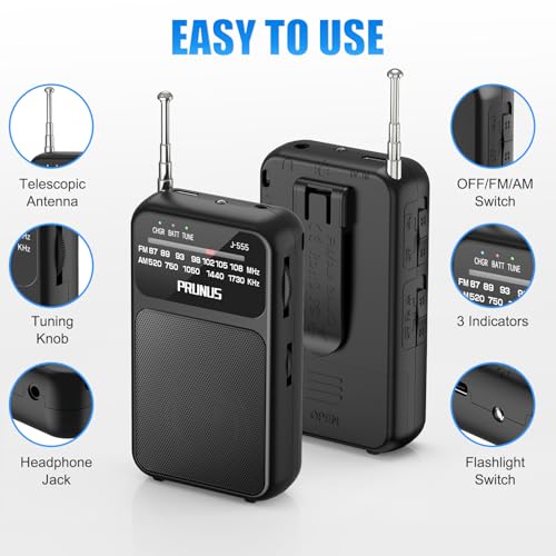 PRUNUS J-555 Pocket Radio AM FM USB-C Charging& Battery Operated, Excellent Reception& Clear Speaker and Headphone Jack, Back Clip, Flashlight, Transistor Radios, Portable Radios AM FM, Mini Radio - Image 4