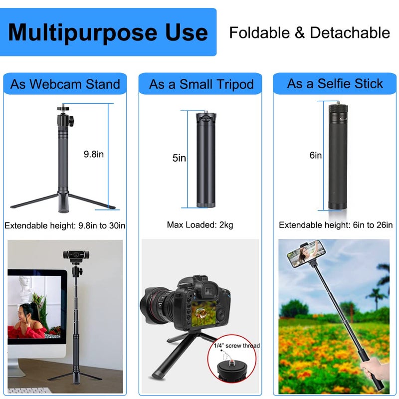 JCWINY 30" Tall Webcam Stand Tripod Extendable Desktop Tabletop Webcam Tripod Web Camera Mount Aluminum Desk Tripod Stand for Logitech Brio Webcam C925e C922x C930e C922 C930 C920 C615 iPhone Camera - Image 5