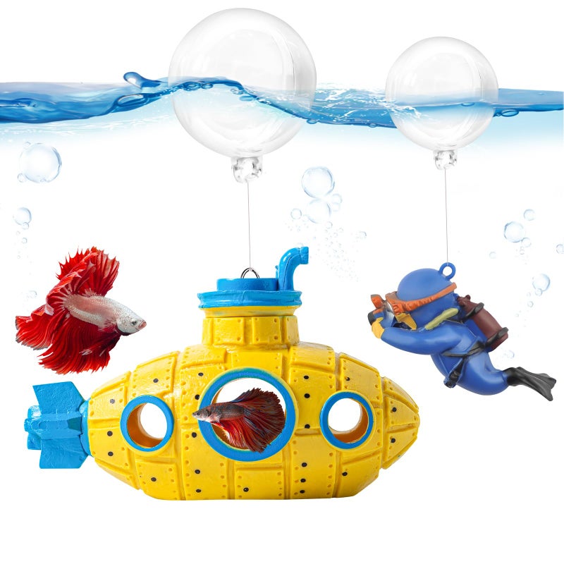 CousDUoBe New Upgrade Floating Fish Tank Decoration, Cute Retro Submarine Set and Floating Diver,Three Float Balls, Aquarium Decorations Resinous Betta Fish Tank Accessories - Image 1