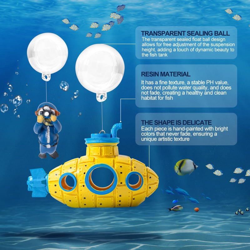 CousDUoBe New Upgrade Floating Fish Tank Decoration, Cute Retro Submarine Set and Floating Diver,Three Float Balls, Aquarium Decorations Resinous Betta Fish Tank Accessories - Image 5
