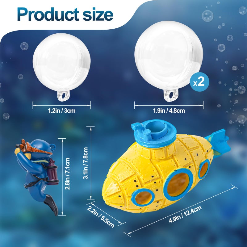CousDUoBe New Upgrade Floating Fish Tank Decoration, Cute Retro Submarine Set and Floating Diver,Three Float Balls, Aquarium Decorations Resinous Betta Fish Tank Accessories - Image 3