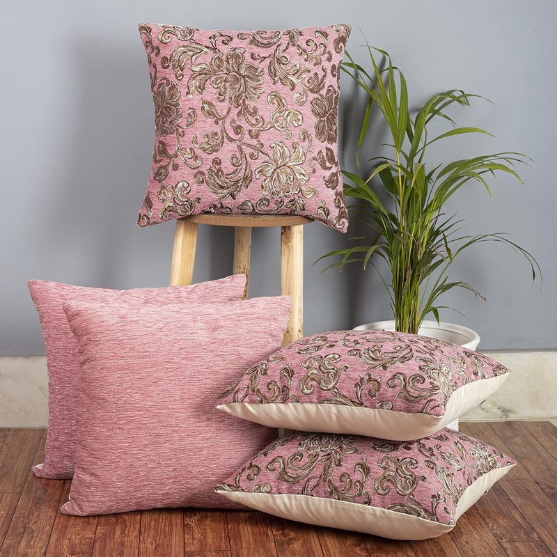 CAZIMO Jacquard Soft Floral Cushion Covers | Hypo-Allergenic | Washable | Non-Fade Diwan Sofa Pillow Covers for Home Bed & Living Room (Size - 16 X16 Inches, Color - Baby Pink) - Set of 5 Pcs - Image 1