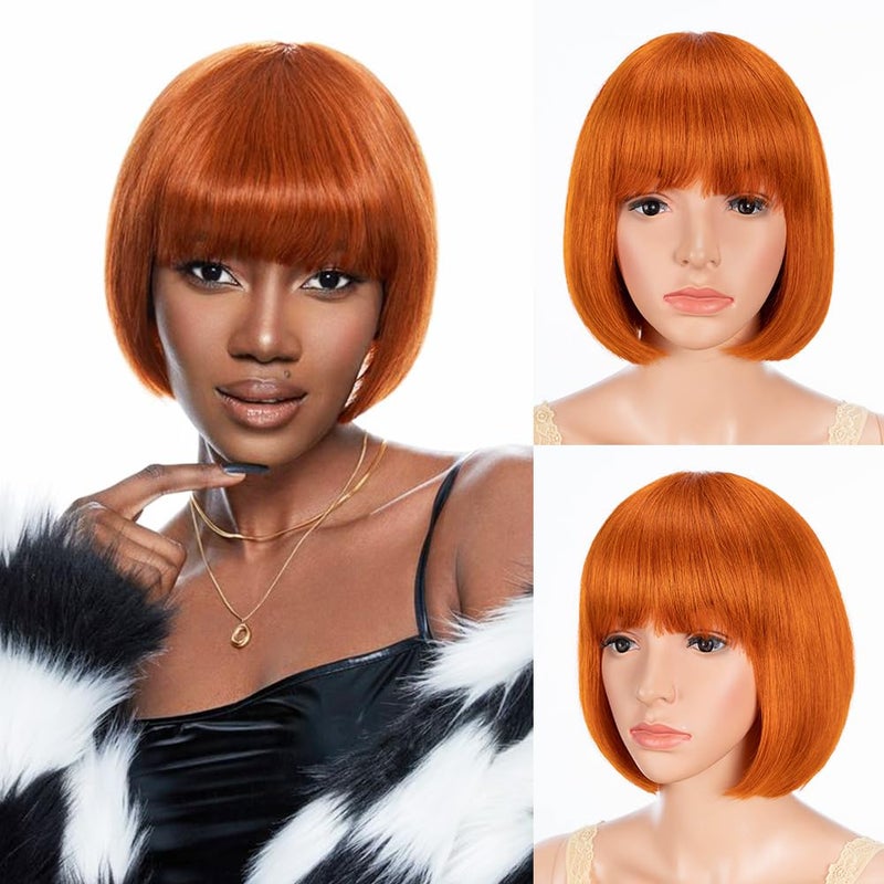 JOEDIR HAIR Ginger Bob Human Hair Wig with Bangs for Black Women Ginger Orange 8 Inch Short Straight Bob Wig Glueless Machine Made Wig