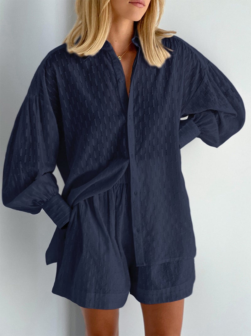 2022 Autumn Ladies Embroidered Puff Sleeve Shirt Shorts Set Dark Blue