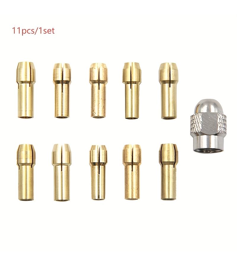 1 Set of 10 Brass Collets with Silver Knurl Nut Metal Core Mandrel for Electric Grinder Motor Accessory - Image 1