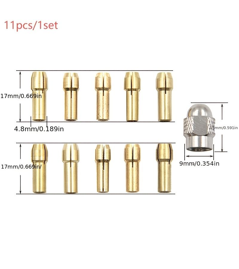 1 Set of 10 Brass Collets with Silver Knurl Nut Metal Core Mandrel for Electric Grinder Motor Accessory - Image 3