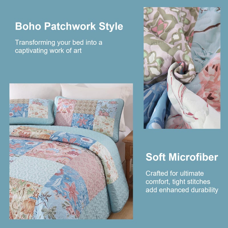 DJY Patchwork Quilt Set King Size Light Blue Floral Plaid Quilt Bedspread 3 Pieces Boho Rustic Bedding Coverlet Set Soft Microfiber Bed Cover (110''x90'') - Image 4