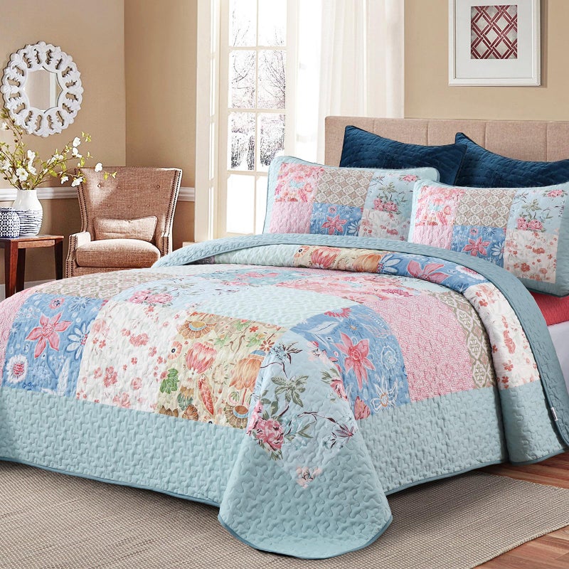 DJY Patchwork Quilt Set King Size Light Blue Floral Plaid Quilt Bedspread 3 Pieces Boho Rustic Bedding Coverlet Set Soft Microfiber Bed Cover (110''x90'') - Image 2