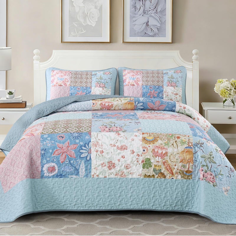 DJY Patchwork Quilt Set King Size Light Blue Floral Plaid Quilt Bedspread 3 Pieces Boho Rustic Bedding Coverlet Set Soft Microfiber Bed Cover (110''x90'') - Image 1