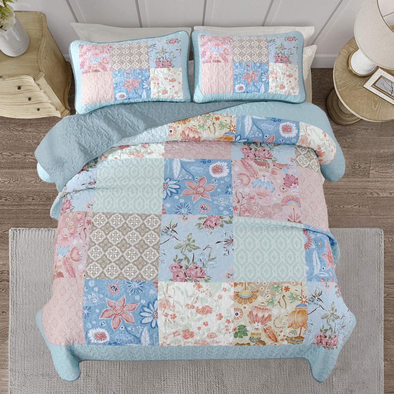 DJY Patchwork Quilt Set King Size Light Blue Floral Plaid Quilt Bedspread 3 Pieces Boho Rustic Bedding Coverlet Set Soft Microfiber Bed Cover (110''x90'') - Image 3