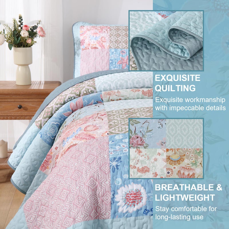 DJY Patchwork Quilt Set King Size Light Blue Floral Plaid Quilt Bedspread 3 Pieces Boho Rustic Bedding Coverlet Set Soft Microfiber Bed Cover (110''x90'') - Image 5
