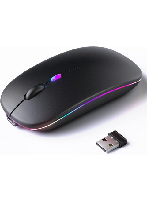 Wireless Bluetooth Rechargeable Mouse – Silent Dual Mode Mouse with LED, Bluetooth 5.2 & USB Receiver – Portable for Laptop/Desktop/Tablet (Black)
