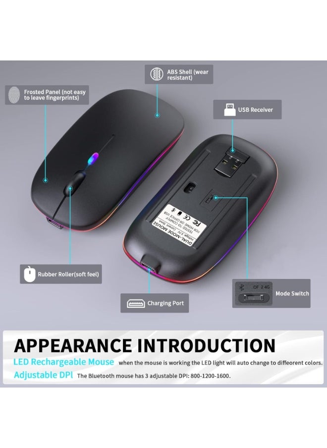 Generic - Wireless Bluetooth Rechargeable Mouse – Silent Dual Mode Mouse with LED, Bluetooth 5.2 & USB Receiver – Portable for Laptop/Desktop/Tablet (Black) - Image 1