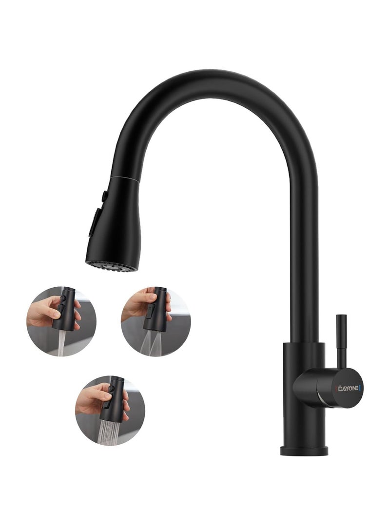 Matte Black Kitchen Faucet with Pull Out Sprayer 3 Modes Swivel Single Stainless Steel Modern Kitchen Faucet Mixer High Arch Single Handle Kitchen Sink Taps With hose - Image 1