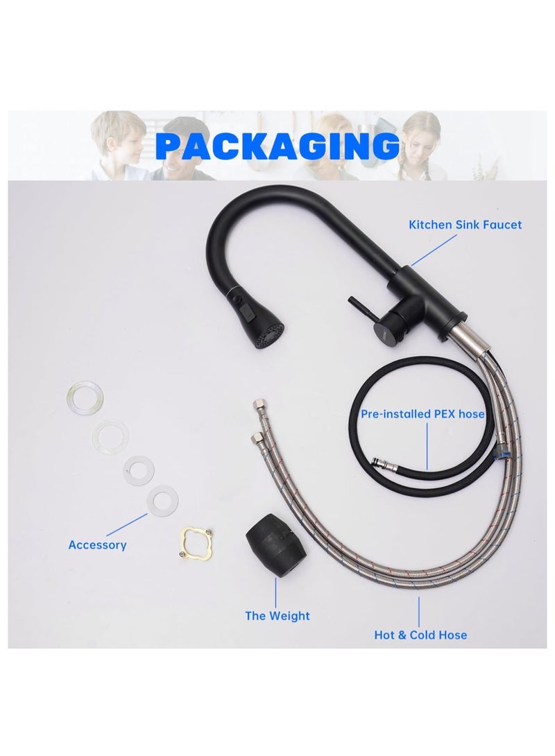 Matte Black Kitchen Faucet with Pull Out Sprayer 3 Modes Swivel Single Stainless Steel Modern Kitchen Faucet Mixer High Arch Single Handle Kitchen Sink Taps With hose - Image 2