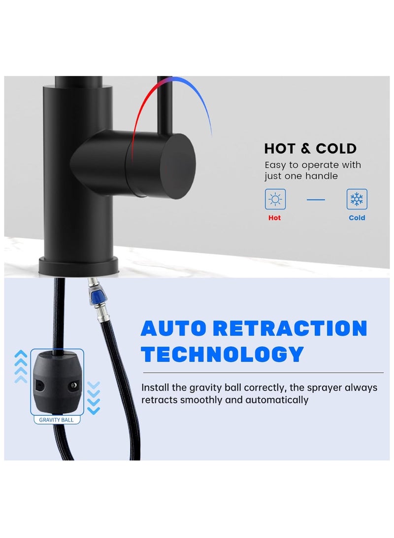 Matte Black Kitchen Faucet with Pull Out Sprayer 3 Modes Swivel Single Stainless Steel Modern Kitchen Faucet Mixer High Arch Single Handle Kitchen Sink Taps With hose - Image 3