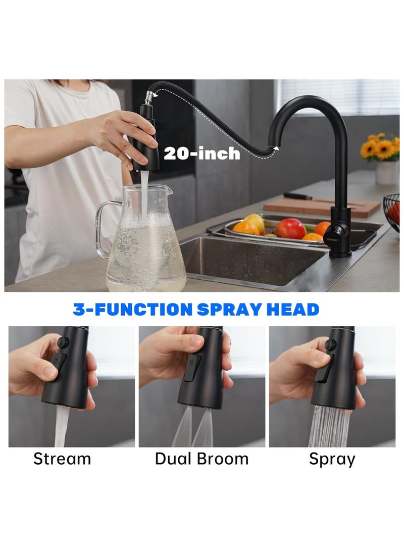 Matte Black Kitchen Faucet with Pull Out Sprayer 3 Modes Swivel Single Stainless Steel Modern Kitchen Faucet Mixer High Arch Single Handle Kitchen Sink Taps With hose - Image 4