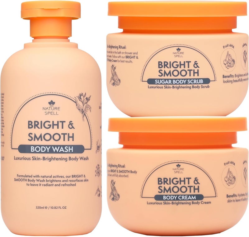 Nature Spell Bright Smooth Body Care Gift Set for Women Body Wash Sugar Scrub and Cream with Vitamin C AHA Fruit Allantoin Vegan Set of 3