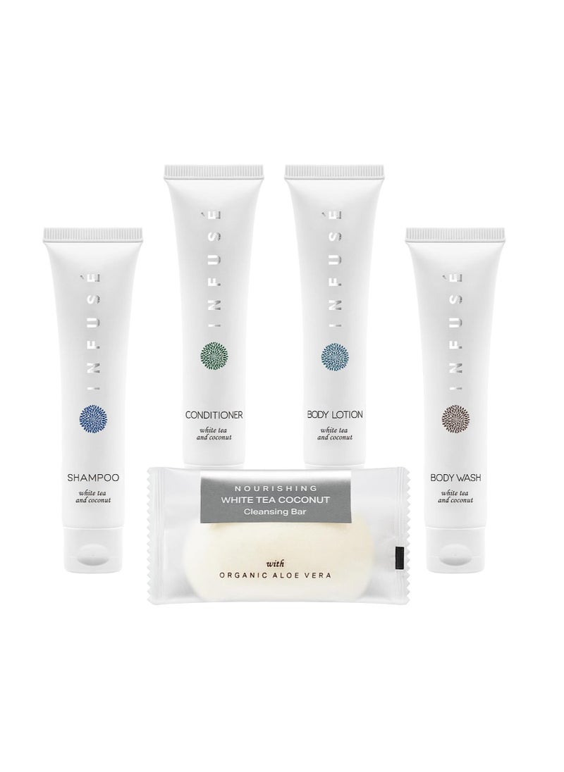 Terra Pure - Infuse Pure White Tea and Coconut Hotel Soaps and Toiletries Bulk Set | 1-Shoppe All-In-Kit for Hotels | 1oz Shampoo & Conditioner, Body Wash, Lotion & 1.25oz Bar Soap | Travel Size 150 Pieces - Image 1